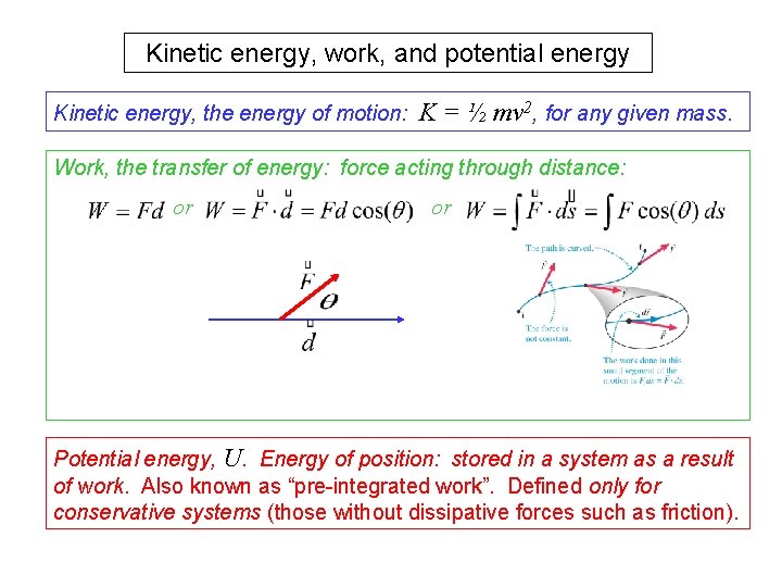 Kinetic energy, work, and potential energy Kinetic energy, the energy of motion: K =