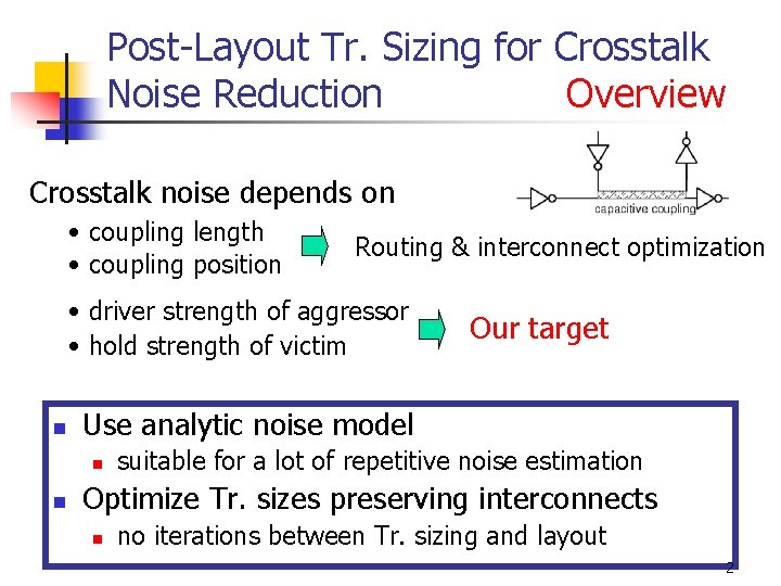 Post-Layout Tr. Sizing for Crosstalk Noise Reduction Overview Crosstalk noise depends on • coupling