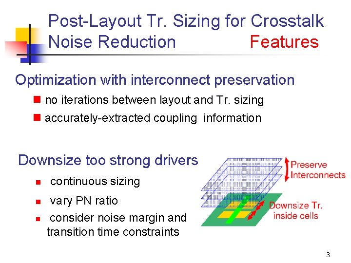 Post-Layout Tr. Sizing for Crosstalk Noise Reduction Features Optimization with interconnect preservation n no