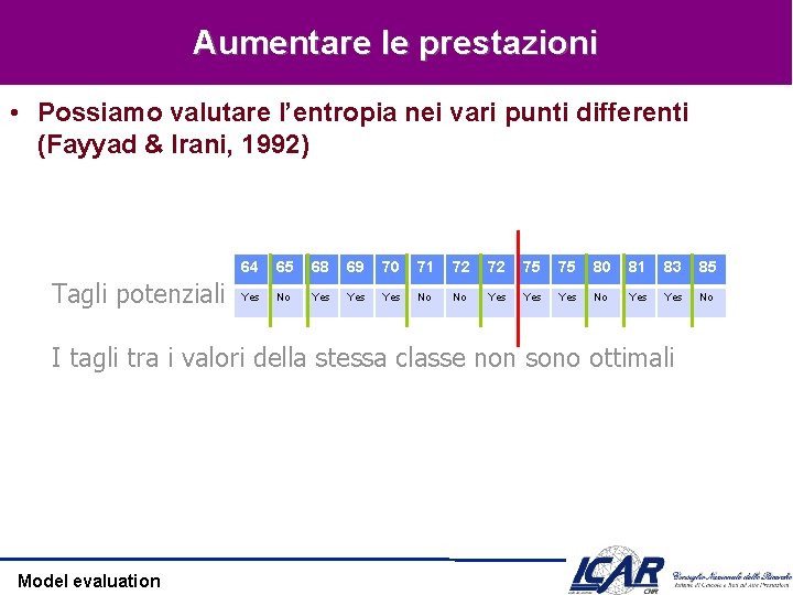 Aumentare le prestazioni • Possiamo valutare l’entropia nei vari punti differenti (Fayyad & Irani,