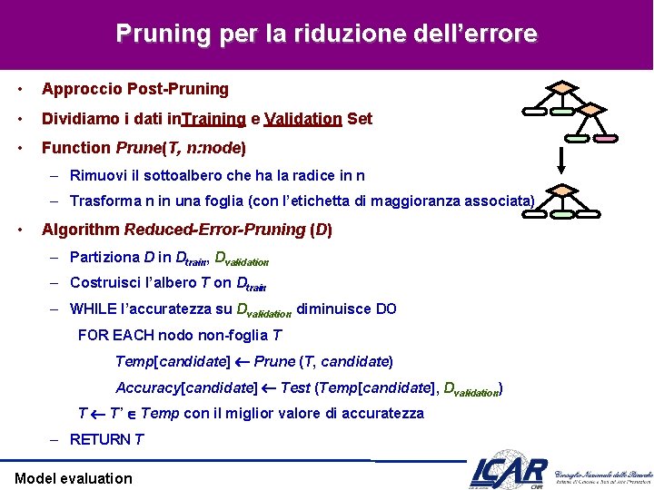 Pruning per la riduzione dell’errore • Approccio Post-Pruning • Dividiamo i dati in. Training