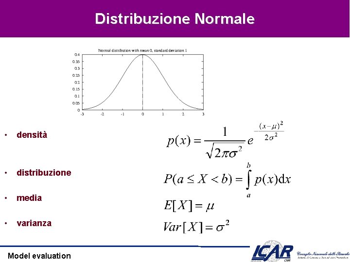 Distribuzione Normale • densità • distribuzione • media • varianza Model evaluation 