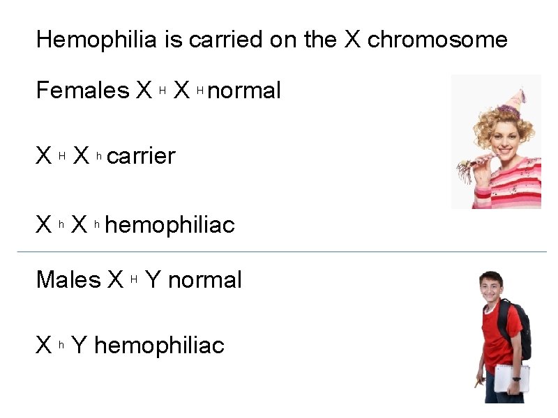 Hemophilia is carried on the X chromosome Females X H normal X H X