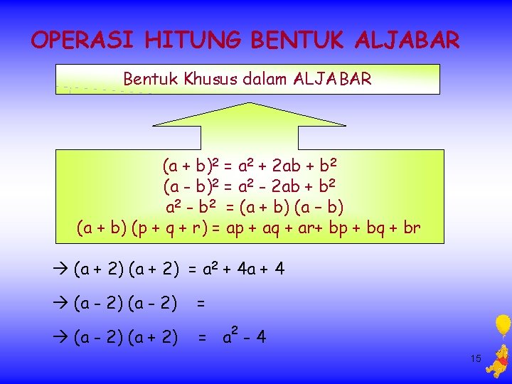 OPERASI HITUNG BENTUK ALJABAR Bentuk Khusus dalam ALJABAR (a + b)2 = a 2