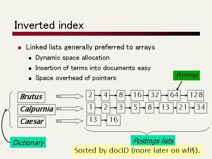 Inverted index n Linked lists generally preferred to arrays n n n Dynamic space