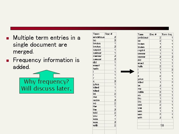 n n Multiple term entries in a single document are merged. Frequency information is