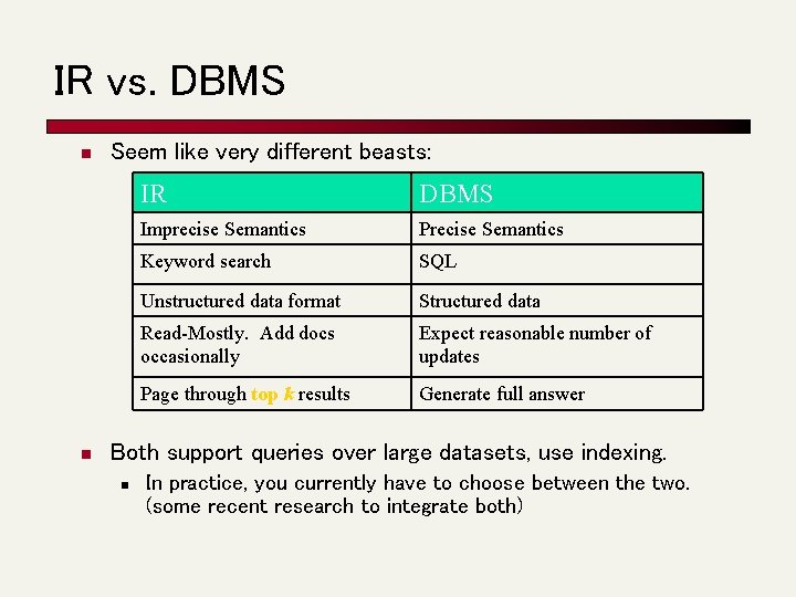 IR vs. DBMS n n Seem like very different beasts: IR DBMS Imprecise Semantics