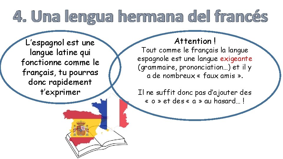 4. Una lengua hermana del francés L’espagnol est une langue latine qui fonctionne comme