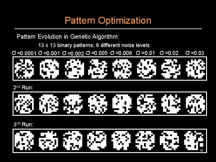 Pattern Optimization Pattern Evolution in Genetic Algorithm: 13 x 13 binary patterns; 8 different