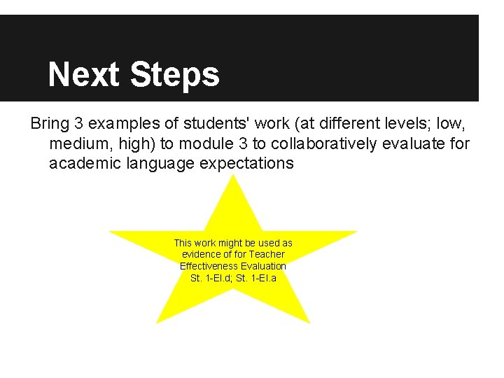 Next Steps Bring 3 examples of students' work (at different levels; low, medium, high)