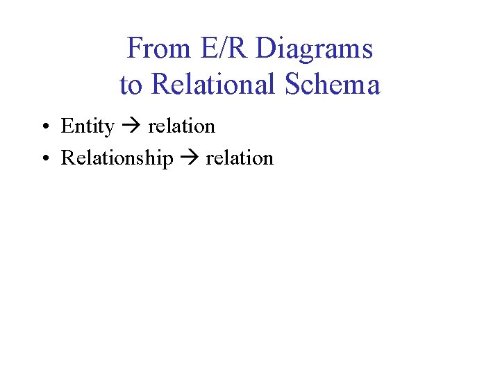From E/R Diagrams to Relational Schema • Entity relation • Relationship relation 