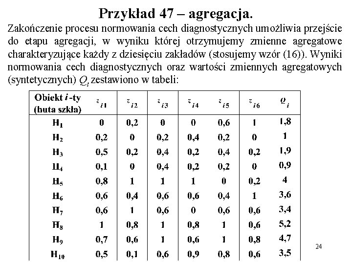 Przykład 47 – agregacja. Zakończenie procesu normowania cech diagnostycznych umożliwia przejście do etapu agregacji,