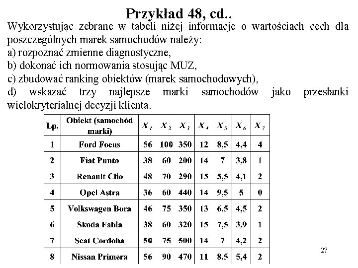 Przykład 48, cd. . Wykorzystując zebrane w tabeli niżej informacje o wartościach cech dla