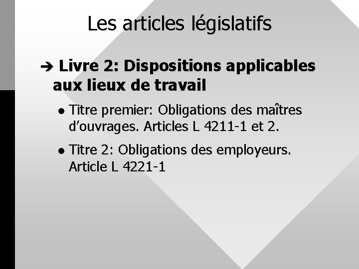 Les articles législatifs è Livre 2: Dispositions applicables aux lieux de travail l Titre