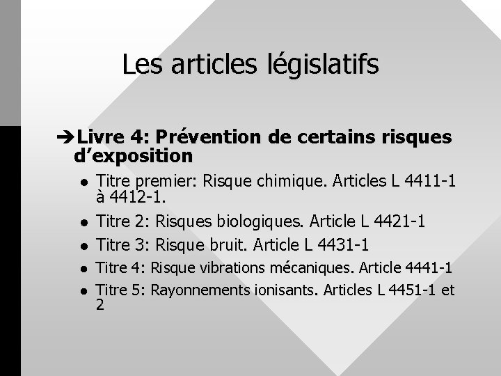 Les articles législatifs èLivre 4: Prévention de certains risques d’exposition l l l Titre