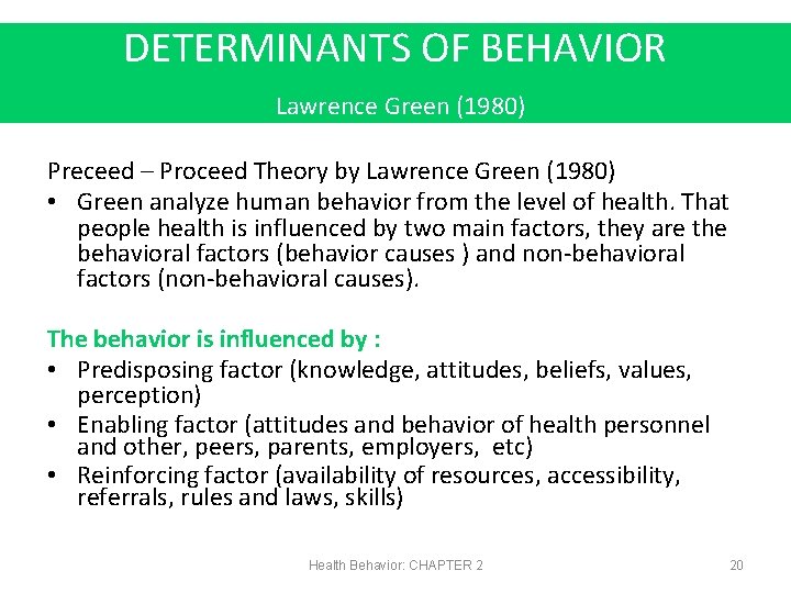 DETERMINANTS OF BEHAVIOR Lawrence Green (1980) Preceed – Proceed Theory by Lawrence Green (1980)