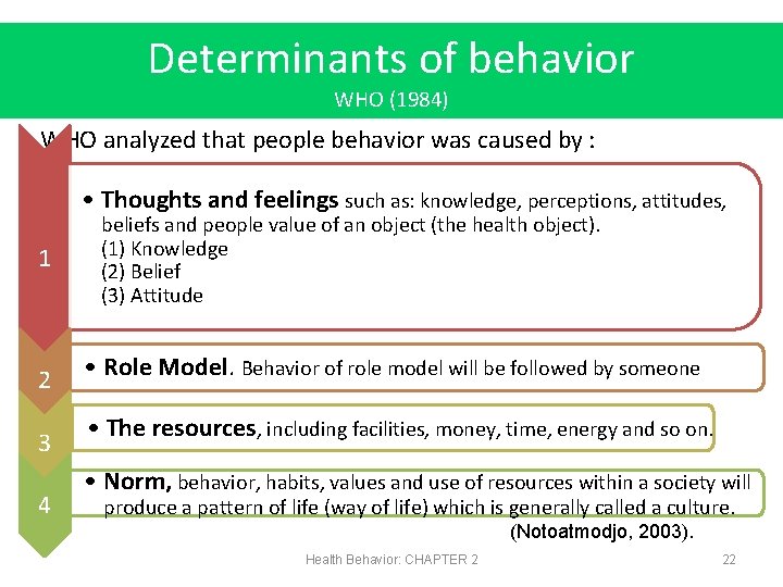 Determinants of behavior WHO (1984) WHO analyzed that people behavior was caused by :