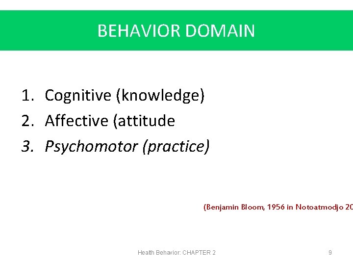 BEHAVIOR DOMAIN 1. Cognitive (knowledge) 2. Affective (attitude 3. Psychomotor (practice) (Benjamin Bloom, 1956