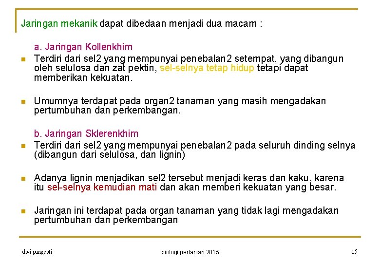 Jaringan mekanik dapat dibedaan menjadi dua macam : n n n a. Jaringan Kollenkhim