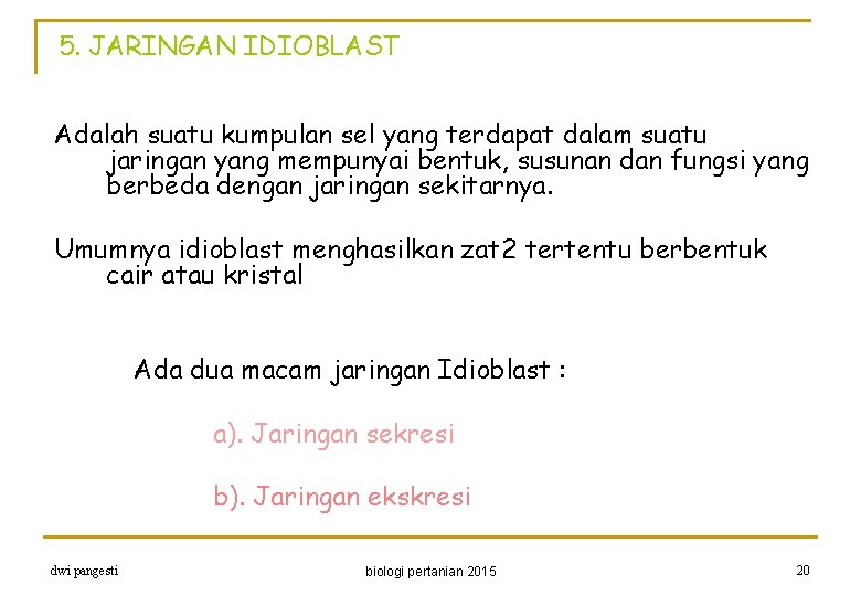 5. JARINGAN IDIOBLAST Adalah suatu kumpulan sel yang terdapat dalam suatu jaringan yang mempunyai