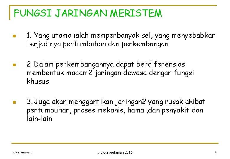 FUNGSI JARINGAN MERISTEM n n n 1. Yang utama ialah memperbanyak sel, yang menyebabkan
