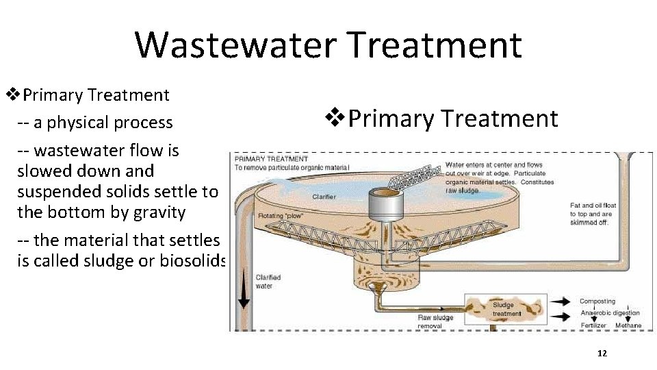 Wastewater Treatment v. Primary Treatment -- a physical process -- wastewater flow is slowed