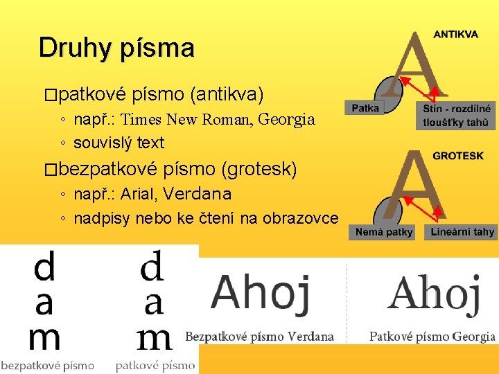 Druhy písma �patkové písmo (antikva) ◦ např. : Times New Roman, Georgia ◦ souvislý