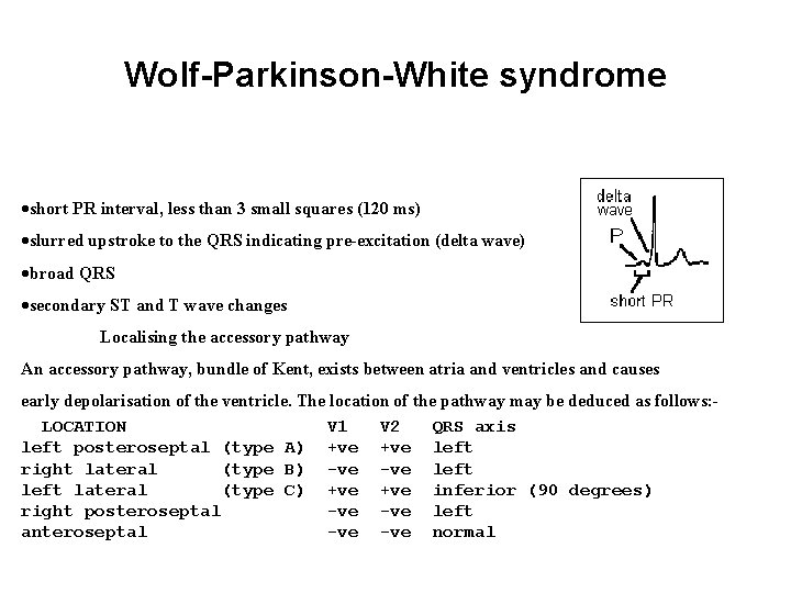 Wolf-Parkinson-White syndrome ·short PR interval, less than 3 small squares (120 ms) ·slurred upstroke