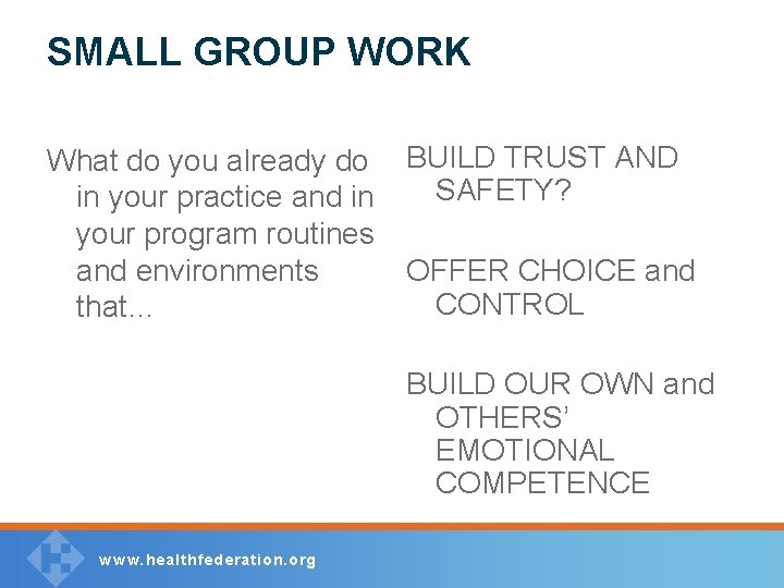 SMALL GROUP WORK What do you already do in your practice and in your