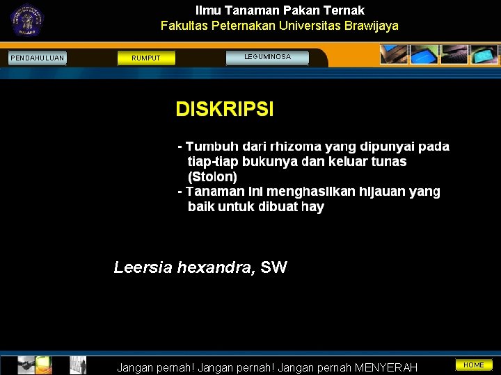 Ilmu Tanaman Pakan Ternak Fakultas Peternakan Universitas Brawijaya PENDAHULUAN RUMPUT LEGUMINOSA Leersia hexandra, SW