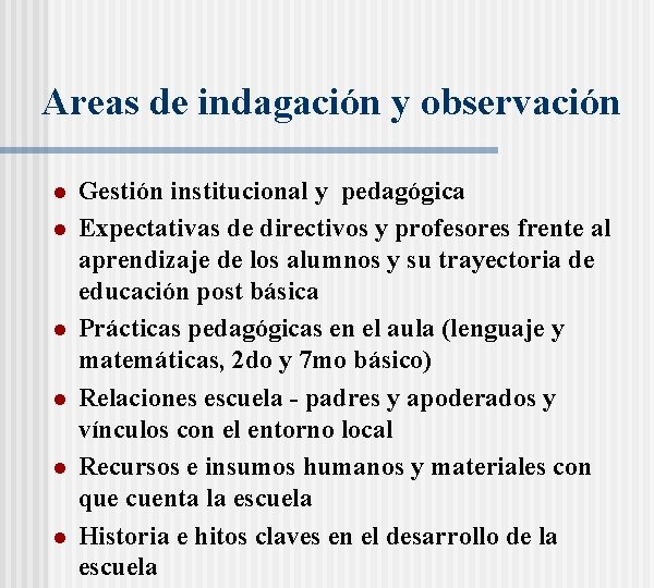 Areas de indagación y observación l l l Gestión institucional y pedagógica Expectativas de