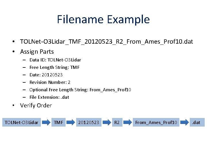 Filename Example • TOLNet-O 3 Lidar_TMF_20120523_R 2_From_Ames_Prof 10. dat • Assign Parts – –