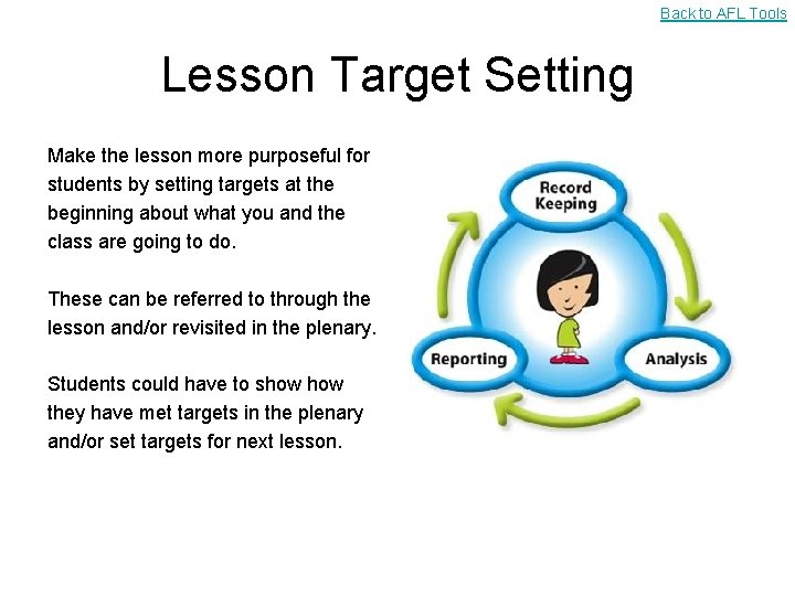 Back to AFL Tools Lesson Target Setting Make the lesson more purposeful for students