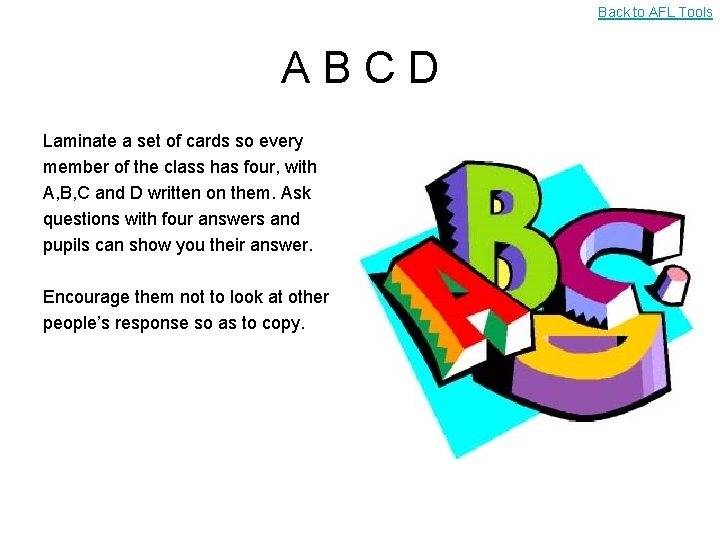 Back to AFL Tools ABCD Laminate a set of cards so every member of