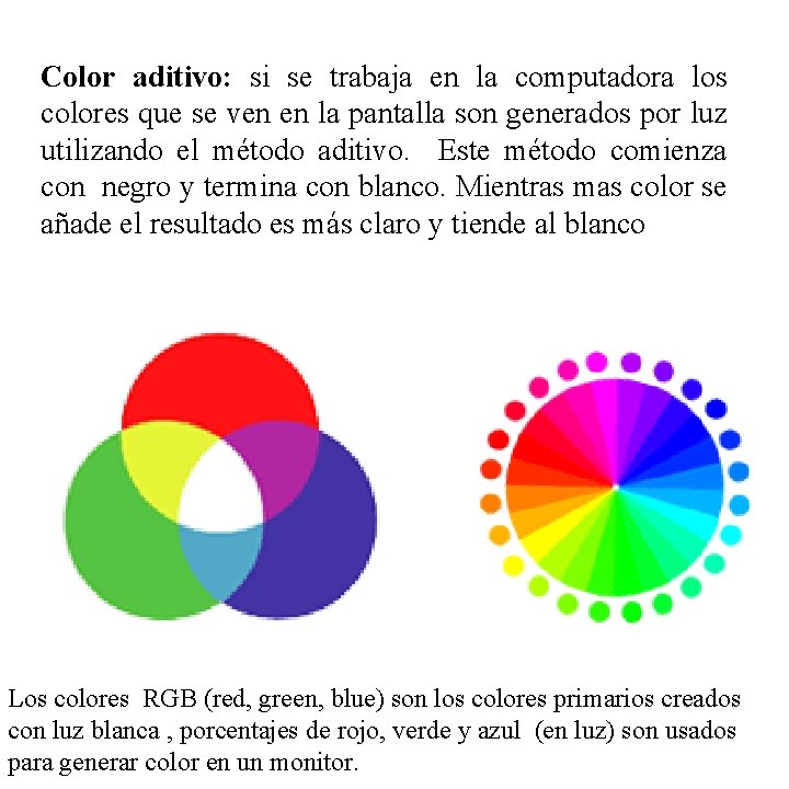 Color aditivo: si se trabaja en la computadora los colores que se ven en