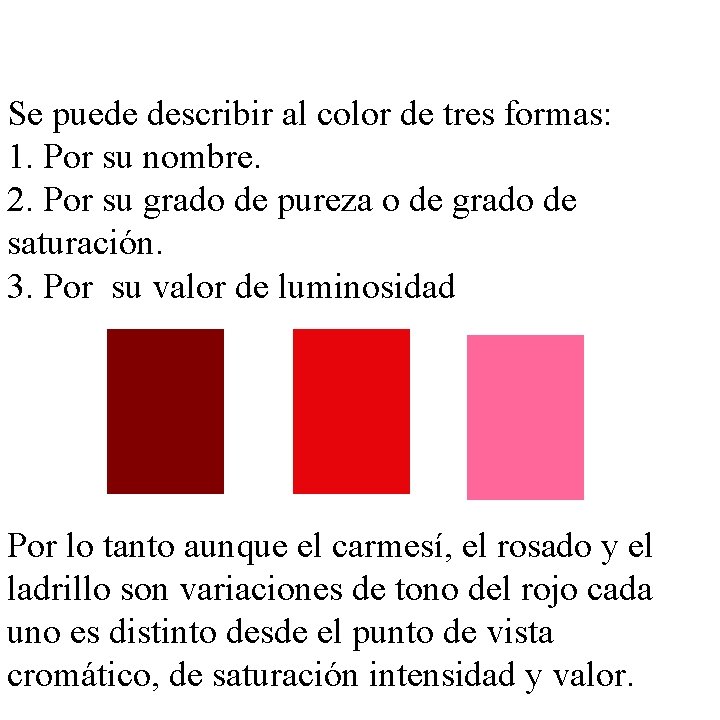 Se puede describir al color de tres formas: 1. Por su nombre. 2. Por