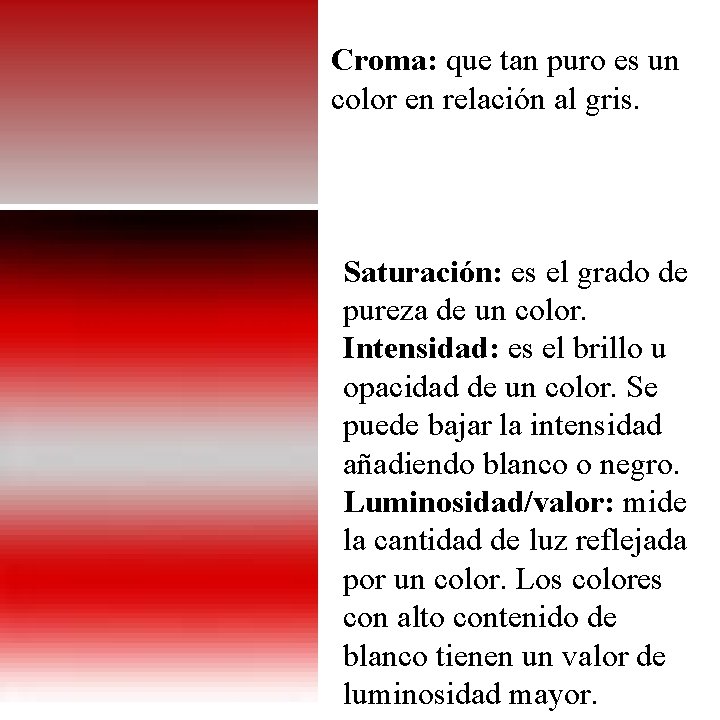 Croma: que tan puro es un color en relación al gris. Saturación: es el