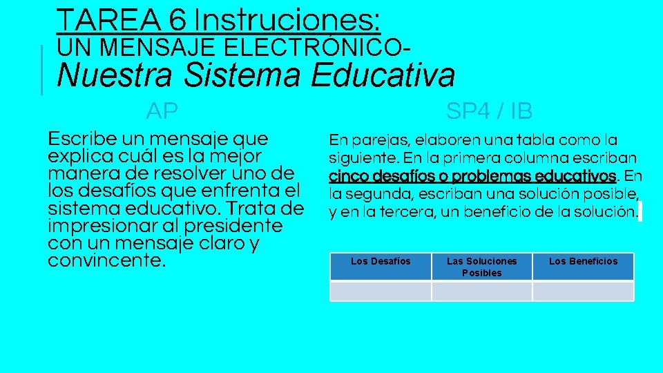 TAREA 6 Instruciones: UN MENSAJE ELECTRÓNICO- Nuestra Sistema Educativa AP Escribe un mensaje que