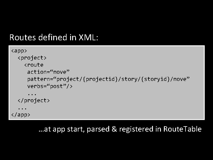 Routes defined in XML: <app> <project> <route action=“move” pattern=“project/{projectid}/story/{storyid}/move” verbs=“post”/>. . . </project>. .