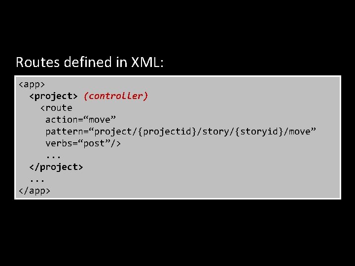 Routes defined in XML: <app> <project> (controller) <route action=“move” pattern=“project/{projectid}/story/{storyid}/move” verbs=“post”/>. . . </project>.