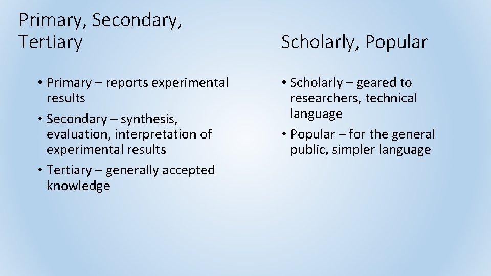 Primary, Secondary, Tertiary • Primary – reports experimental results • Secondary – synthesis, evaluation,