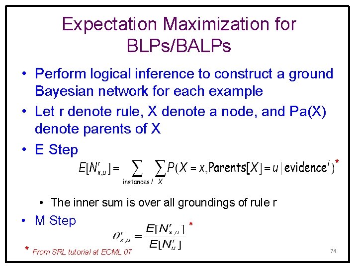 Expectation Maximization for BLPs/BALPs • Perform logical inference to construct a ground Bayesian network