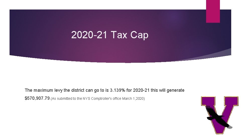 2020 -21 Tax Cap The maximum levy the district can go to is 3.