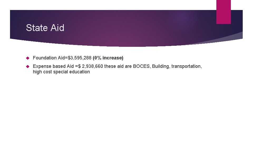 State Aid Foundation Aid=$3, 595, 288 (0% increase) Expense based Aid =$ 2, 938,
