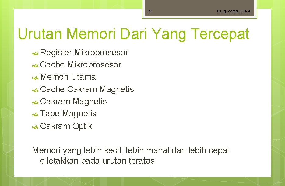 25 Peng. Kompt & TI- A Urutan Memori Dari Yang Tercepat Register Mikroprosesor Cache