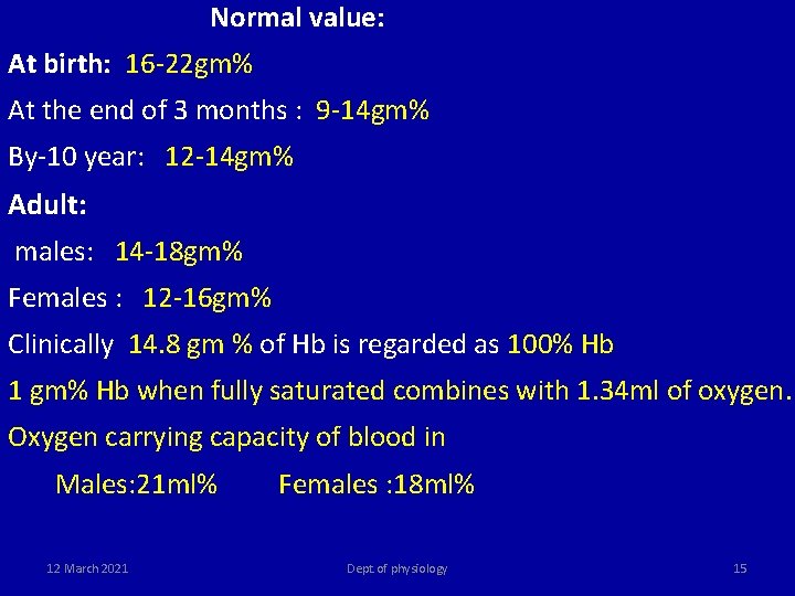 Normal value: At birth: 16 -22 gm% At the end of 3 months :
