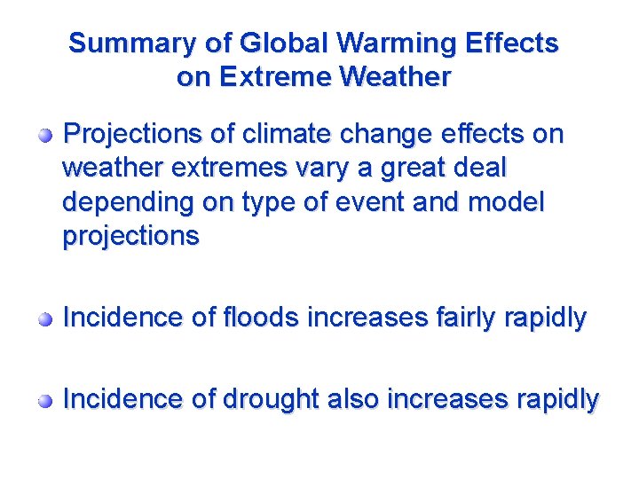 Summary of Global Warming Effects on Extreme Weather Projections of climate change effects on