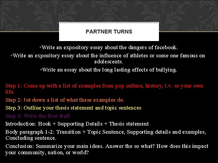 PARTNER TURNS • Write an expository essay about the dangers of facebook. • Write