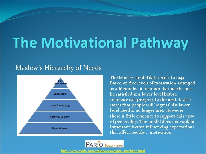 The Motivational Pathway Maslow’s Hierarchy of Needs The Maslow model dates back to 1943.