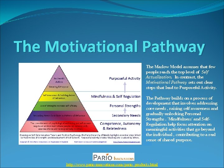 The Motivational Pathway The Maslow Model assumes that few people reach the top level